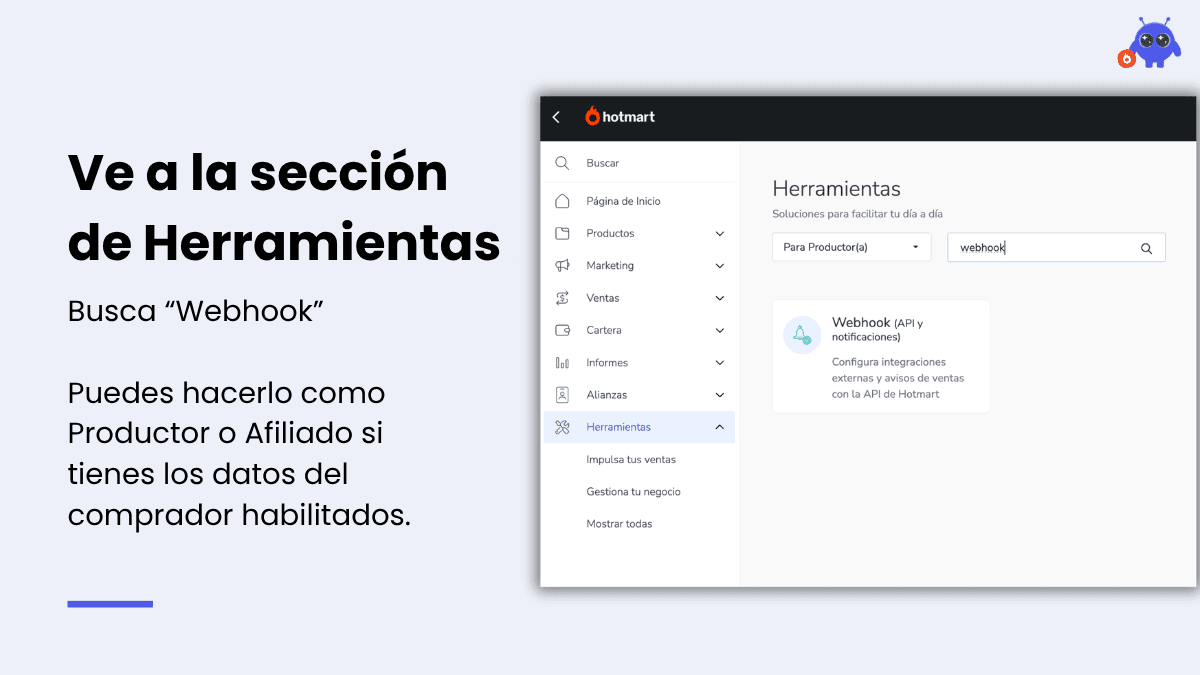 Sección de Herramientas en Hotmart