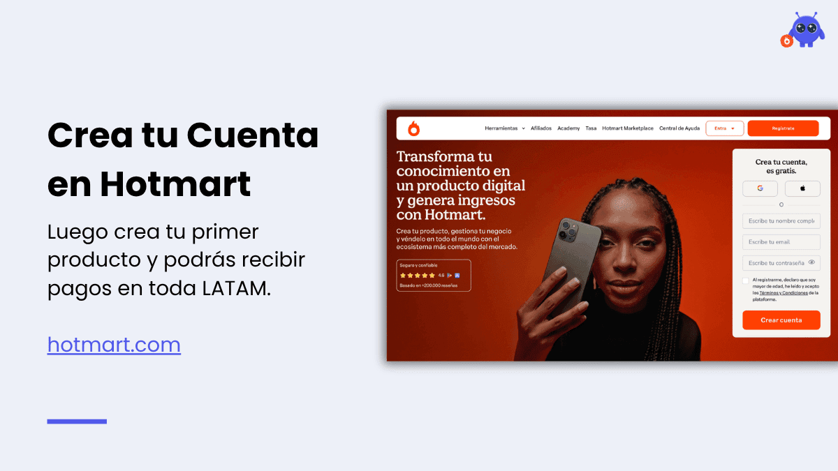 Interfaz de registro de Hotmart para crear cuenta gratuita de infoproductor