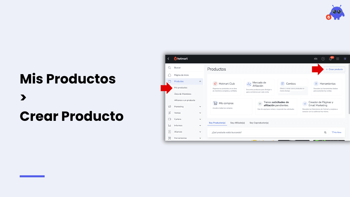 Menú lateral de Hotmart navegando hacia la sección Mis Productos para crear nuevo producto