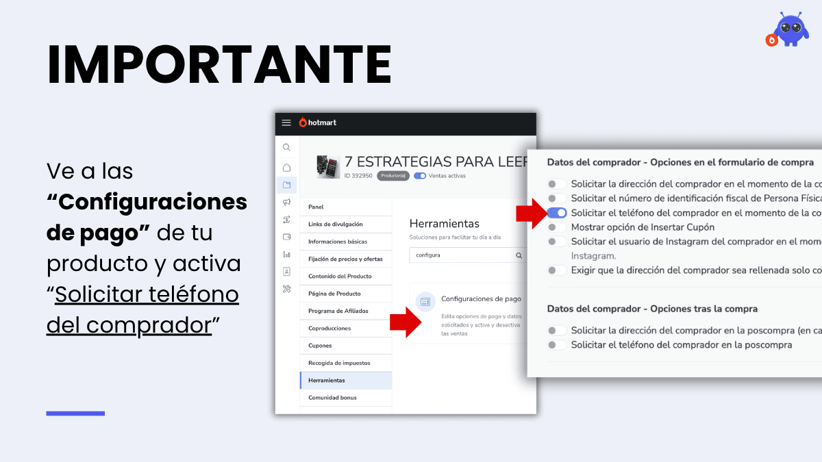 Panel de configuración de pago en Hotmart activando la opción solicitar teléfono del comprador para CRM ExitBot