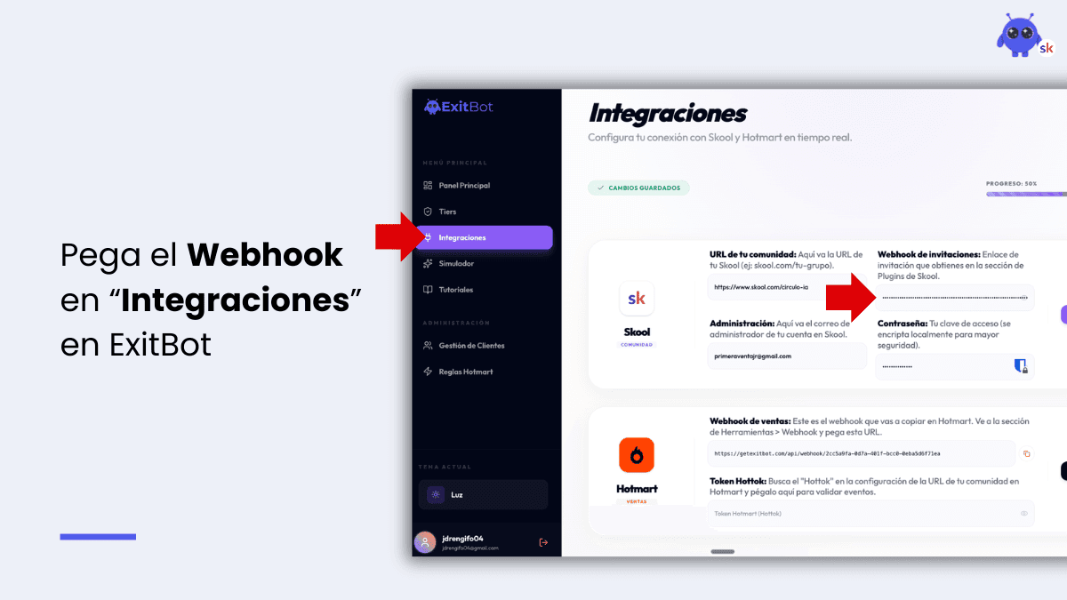 Animación de confeti tras una integración exitosa Confirmación de Éxito en ExitBot