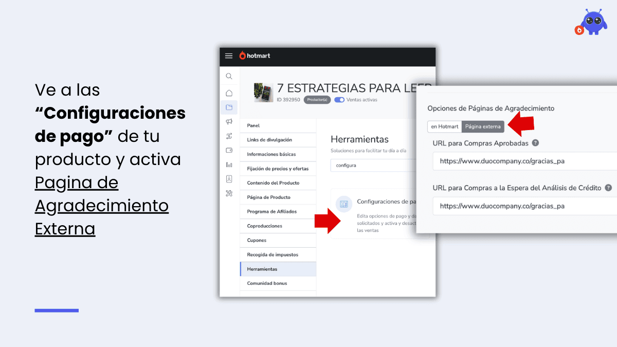 Ajustes de página de agradecimiento externa Configurar Página Externa en Hotmart