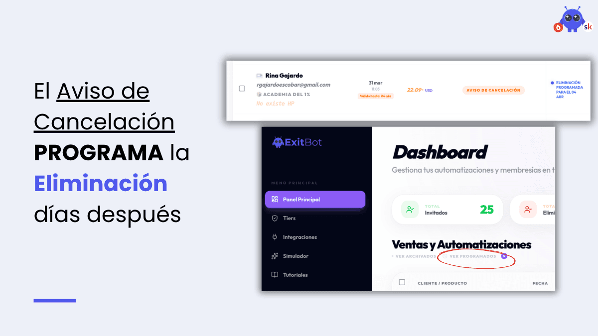Control de eliminaciones agendadas en el dashboard Panel de acciones programadas en ExitBot